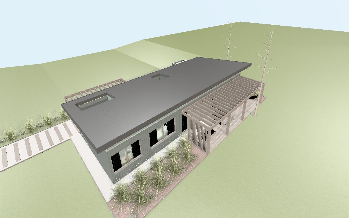 Visualizador 3D de Casa Pampa: modelo de la casa visto desde arriba, con controles de órbita, recorrido y sol