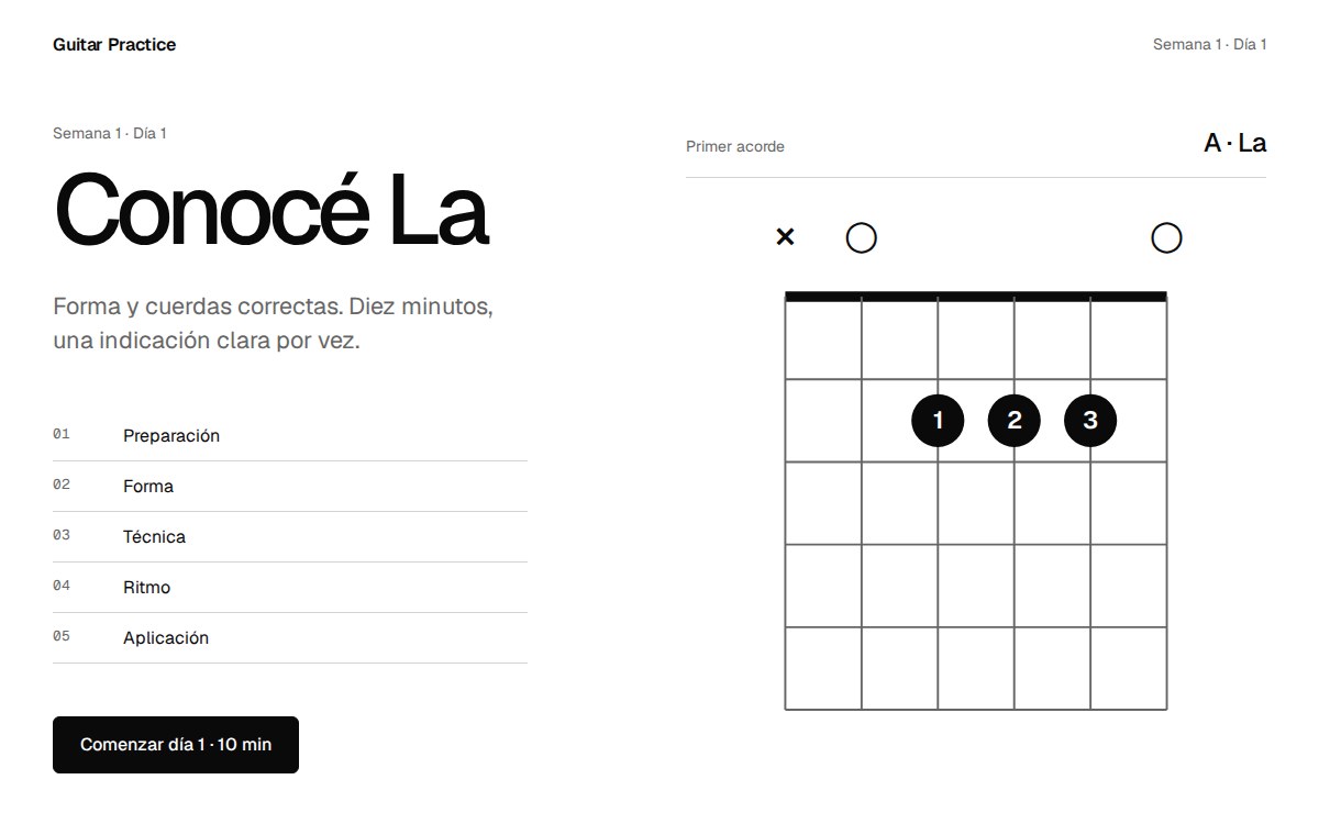 Pantalla de Guitar Practice: la consigna del día 1 junto al diagrama del acorde de La