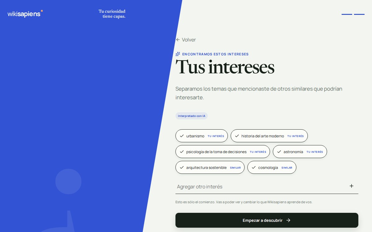 Pantalla de intereses de Wikisapiens: los temas mencionados por la persona junto a otros similares sugeridos